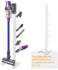 White Metal Storage Stand For Cordless Vacuum Cleaners With Six Hooks No Fuss Freestanding Docking Station Holder Compatible With V15 Detect V11 V10 V8 V7 And V6 Series Durable Organizer Rack showcasing vacuum and attachments