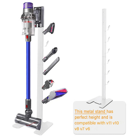 White Metal Storage Stand For Cordless Vacuum Cleaners With Six Hooks No Fuss Freestanding Docking Station Holder Compatible With V15 Detect V11 V10 V8 V7 And V6 Series Durable Organizer Rack showcasing vacuum and attachments