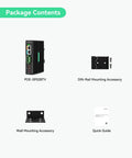 Package contents of Heavy Duty Industrial Gigabit PoE Plus Splitter With Dual DC Outputs, including DIN and wall mounting accessories.