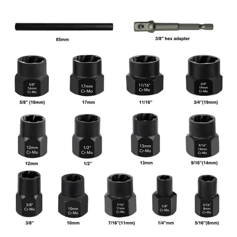 Fifteen Piece Bolt Extractor Kit With Three Eighths Inch Stripped Nut Remover Built Tough For Rusted Rounded And Damaged Nuts