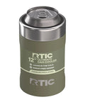 Heavy Duty 12 Oz Can Cooler With Tight Seal Lid Double Wall Vacuum Insulated Stainless Steel Chiller Keeps Beer And Soda Bangin Cold Zero Sweat Build Olive, top view with drink lid visible.