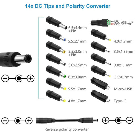 All In One 30W Adjustable Power Supply Adapter For Gadgets shows 14 DC tips and polarity converter for various electronics