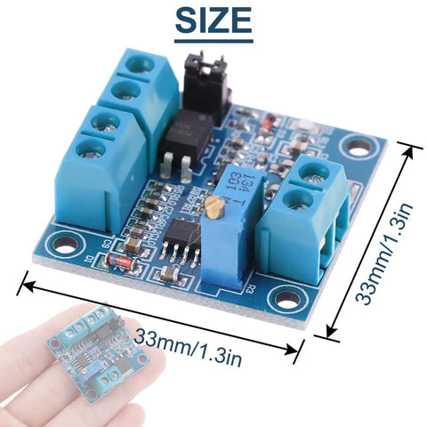 PWM To 0-10V Voltage Converter Module For PLCs with dimensions, converts 1KHz-3KHz PWM into 0-10V analog signal, 33mm size