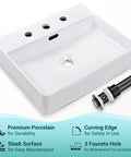 Premium white porcelain 20 Inch Rectangular Ceramic Vessel Sink With Overflow For Above Counter Dope White Porcelain, Pop Up Drain And Widespread Faucet Holes.