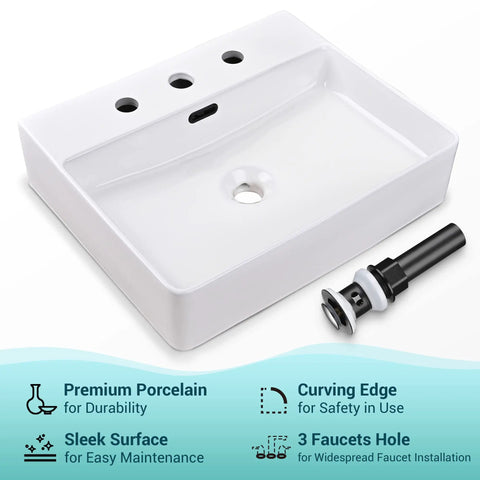Premium white porcelain 20 Inch Rectangular Ceramic Vessel Sink With Overflow For Above Counter Dope White Porcelain, Pop Up Drain And Widespread Faucet Holes.