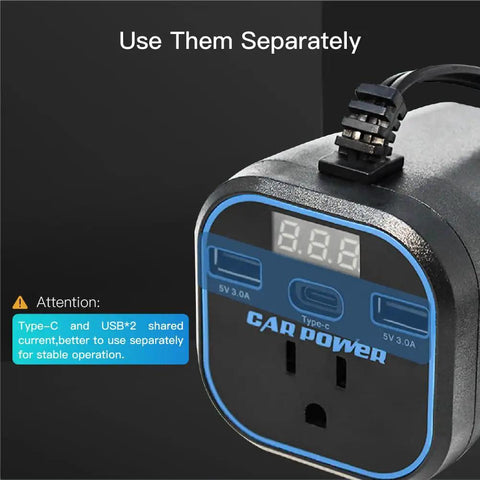 Road Trip Ready 200W Car Power Inverter Swaps 12V To 110V AC Outlet featuring digital display and USB ports.