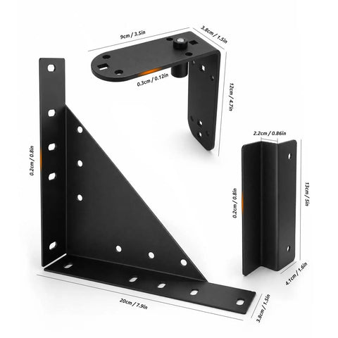 Heavy Duty Sliding Gate Kit With Anti Sag Fence Hardware Roll Wheels And Latch Universal Corner Braces For 1 To 2 Inch Wood Gates Smooth And Quiet Rolling Easy DIY Installation, black steel corner braces with dimensions