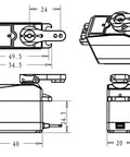 Technical diagram of 35Kg Coreless Digital RC Servo 7.4V Waterproof Stainless Steel Gear, dimensions and side views shown.