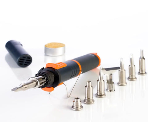 Butane Powered 125 Watt Heat Tool Kit with 7 Tips, including soldering, deflector, and hot knife, on a white background.