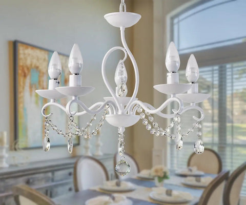 French Country Crystal Pendant Light With White K9 Crystals And Wrought Iron Frame E12 Candle Style Chandelier in dining room