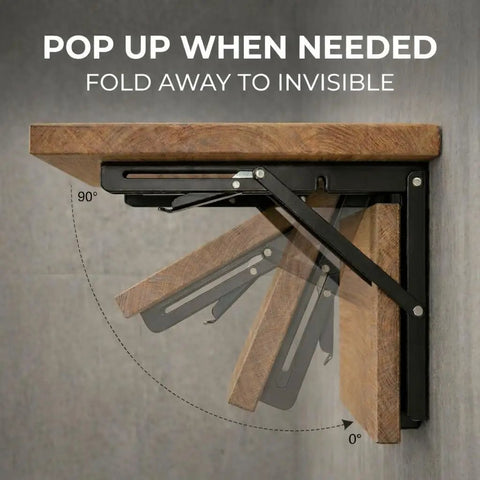 Built Like A Tank Heavy Duty Folding Shelf Brackets 2 Pack Matte Black Steel, Hella Strong wall mount, displaying drop down desk mechanism.