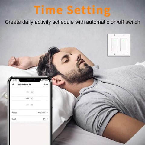 Man sleeping with phone and Smart WiFi Light Switches 2 Gang Pack With Remote Control Scheduling No Hub Needed Neutral Wire Required