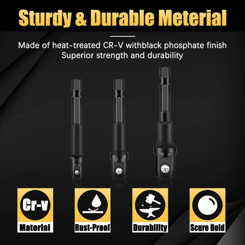 Heavy Duty Impact Grade Socket Adapter Set 1/4, 3/8, 1/2 Inch Drive Hex To Square Shank CrV Driver Adapters shown with features illustrated