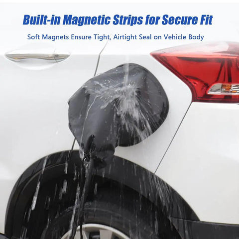 All Weather Magnetic EV Charger Port Cover Chrysler Pacifica Hybrid with adjustable strap showing tight fit under water.