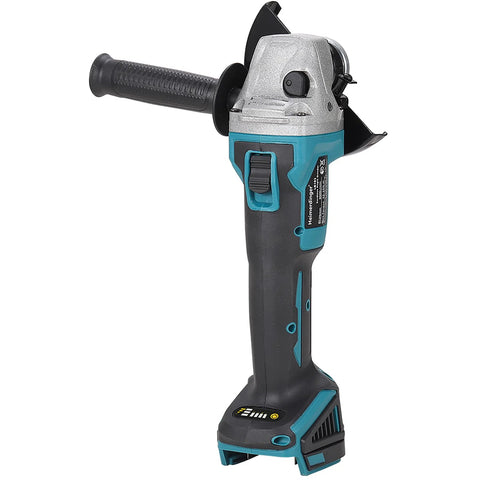 Brushless 4-1/2-inch cordless angle grinder with teal/black housing and battery at base