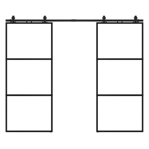 Front view of Sturdy Metal And Glass Sliding Double Barn Door With Hardware Kit 48 By 84 Inches Soft Close Included Rust Resistant Powder Coated Exterior Three Part Assembly Durable Metal Frame Easy Install For Modern Farmhouse Style
