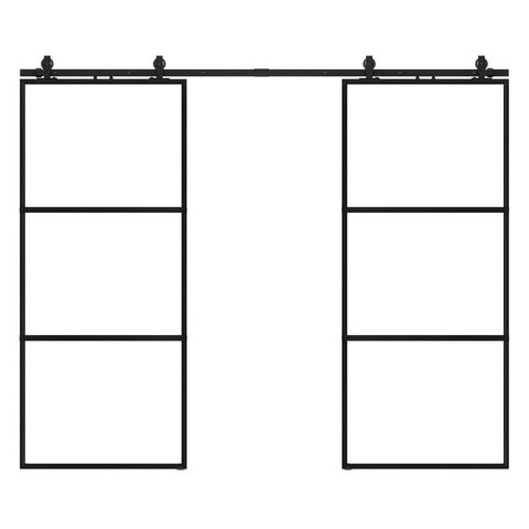 Front view of 48 By 84 Inch Metal And Glass Sliding Double Barn Door With Hardware Kit Soft Close Included Rust Resistant Powder Coated Frame