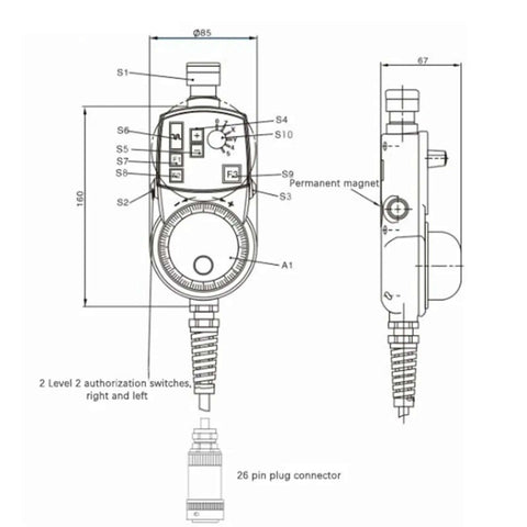 Technical diagram of the Manual Pulse Generator Handwheel For CNC Equipment showing controls and 26-pin connector