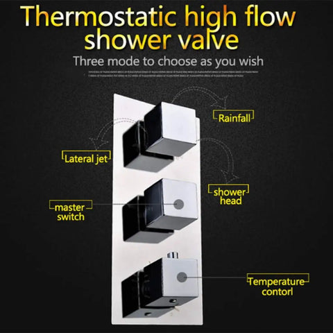 Thermostatic high flow shower valve control panel featuring rainfall, lateral jet, and master switch options.