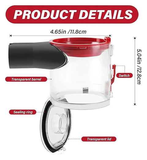 Upgrade Your Dyson V7, V8, SV10, Or SV11 With This High Capacity Replacement Dust Cup And Trash Can Container features transparent barrel.