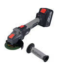 21V Cordless Electric Angle Grinder With Brushless Motor And Gutsy 6000mAh Battery For Serious Cutting Polishing Plus Grinding Tasks Featuring 3 Speed Settings And Live Power Display For That Badass Shop Session, showing tool with cutting disc and handle.