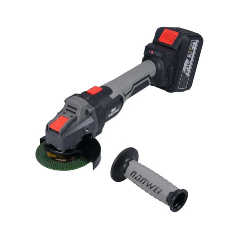 21V Cordless Electric Angle Grinder With Brushless Motor And Gutsy 6000mAh Battery For Serious Cutting Polishing Plus Grinding Tasks Featuring 3 Speed Settings And Live Power Display For That Badass Shop Session, showing tool with cutting disc and handle.