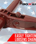 Heavy Duty Ratchet Chain Load Binder Two Pack Built Tough With Forged Grab Hooks On Both Ends Fits One Quarter To Five Sixteenths Inch Chain 2600 Lbs Working Load Limit Tie Down Gear red binder close-up