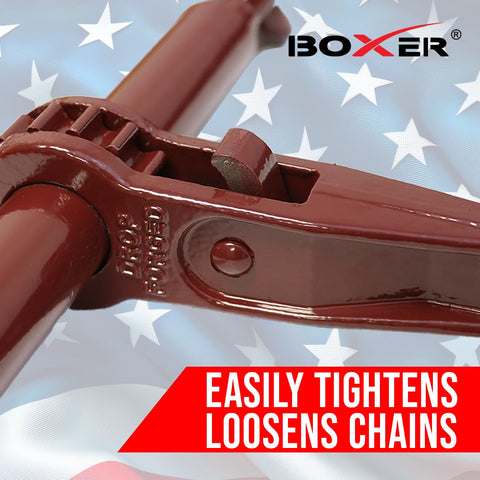 Heavy Duty Ratchet Chain Load Binder Two Pack Built Tough With Forged Grab Hooks On Both Ends Fits One Quarter To Five Sixteenths Inch Chain 2600 Lbs Working Load Limit Tie Down Gear red binder close-up