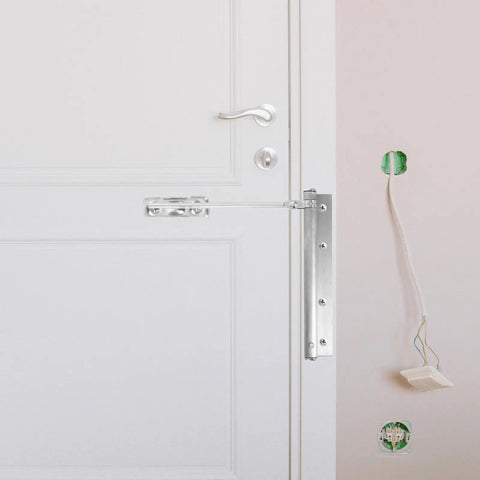 Automatic Stainless Steel Door Closer for Home and Office installed on white door, smooth soft close, durable silver finish