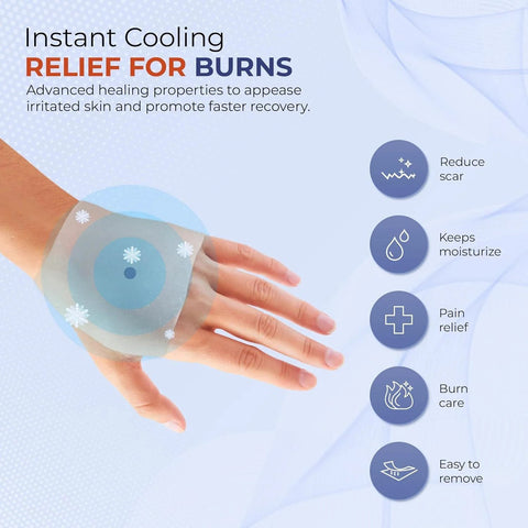 BurnFIX burn relief cooling patch on hand; transparent blue gel pad for burns