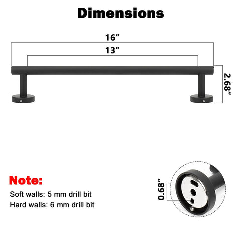 Diagram of Matte Black 16 Inch Stainless Steel Bath Towel Bar Rack Wall Mounted With 13 Inch Usable Hanging Space, dimensions shown.