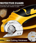 Slick Cordless Electric Scissors With Integrated Safety Shield And Quick Rechargeable 4V Battery showing protective guard and max cutting thickness.