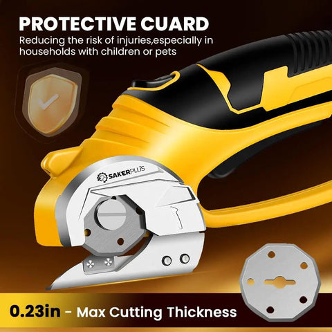 Slick Cordless Electric Scissors With Integrated Safety Shield And Quick Rechargeable 4V Battery showing protective guard and max cutting thickness.