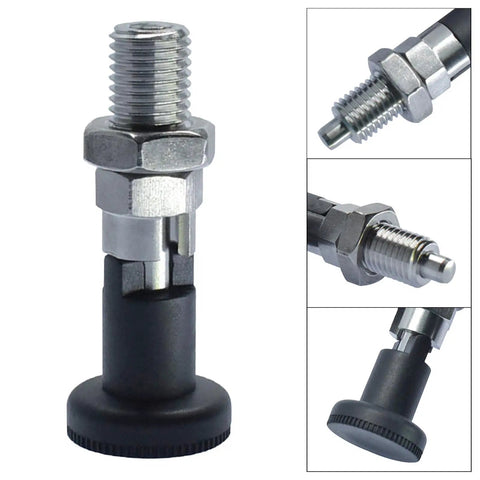 Lock Tight Self Locking Knob Plunger With Fine Thread Adjustment For Precision Positioning Rock Solid Steel Indexing Pin Bolt No Play Industrial Hardware M16 close-up view of stainless steel plunger with twist-to-lock knob
