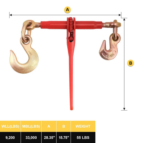 Beefed Up Heavy Duty Ratchet Load Binder Set 5/16 to 3/8 Inch Chains 5400 Lbs Working Load Drop Forged Tie Down Binders With Grappling Hook For Truck Bed Or Flatbed Trailer