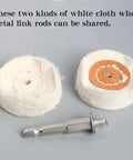 Close-up of Eight Pack Polishing Wheels For Drill Buffing Wheel Kit with hex shafts and cotton pads on gray background.