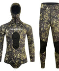 Two Piece 1.5mm Neoprene Wetsuit With Hood For Spearfishing And Freediving In Cool Water Camouflage Diving Suit Displayed Front View