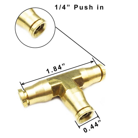 Push To Connect One Quarter Inch Tee Union Pneumatic Fittings Beefy Brass Construction Five Pack For Air System Air Hose And Brake Line Quick Connect Kit close-up showing dimensions