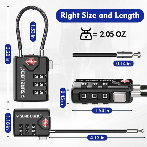 TSA Approved Beefy Luggage Locks With Open Alert Indicator, 3 Digit Combination Cable, dimensions illustration, black color