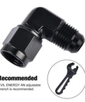 6AN Female To 6AN Male Flare Swivel Fitting Adapter 90 Degree Aluminum Black Anodized 6061T6 Finish With 9 16 18 UNF Thread Two Pack For High Pressure Automotive Fuel And Oil Lines Go To Durable Aluminum Construction For Durability In Sudden Pressure And black 90-degree AN fitting with wrench