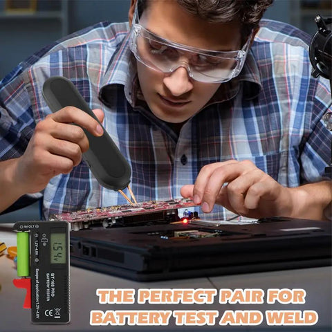Person using Handheld Battery Spot Welder With 11 Gear Adjustable Controls And Built In Battery Tester Welds 0.1-0.25mm Nickel
