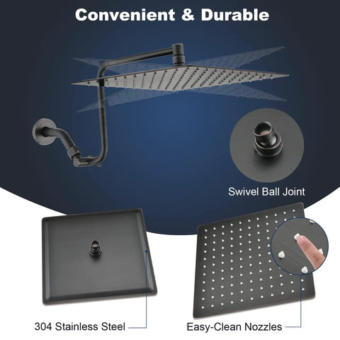 12 Inch Rain Shower Head With Adjustable Extension Arm All Metal 304 Stainless High Pressure Rainfall in bronze finish