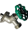 Half Inch PEX To Three Quarter Inch GHT Sillcocks Brass Crimp Fittings angled view with green handle and threaded connection