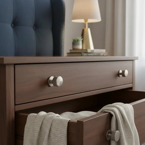 Top Shelf Slick Brushed Satin Nickel Cabinet Knobs With A Hardcore Knurled Shape And Seriously Heavy Duty Build designed on a modern drawer.