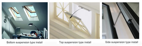 Adjustable Electric Window Opener With Single Chain Actuator installed in bottom, top, and side suspension types on windows