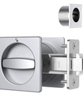 Boss Square Pocket Door Lock With Edge Pull And Flush Pull Sturdy Privacy Bifold And Cavity Sliding Door Hardware With Latch Zinc Alloy Fingermark Proof Finish In Satin Chrome Replacement Door Lock Kit For Hidden Pocket Doors in satin chrome, side view of lock