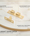 Cabinet Door Catch Magnetic Latch with solid copper build and gold tone finish on marble surface showing components