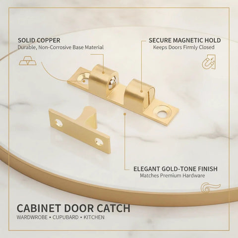 Cabinet Door Catch Magnetic Latch with solid copper build and gold tone finish on marble surface showing components