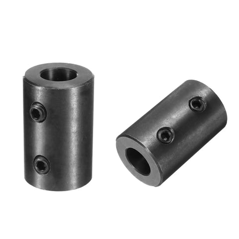 Rigid Shaft Coupling Five Eighths Inch Bore And One And A Quarter Inch Outer Diameter Two Inch Length Black Oxide Plated Steel Motor Wheel Coupler With Two Set Screws For Rock Solid Torque Transmission In Small Machines, shown upright and angled