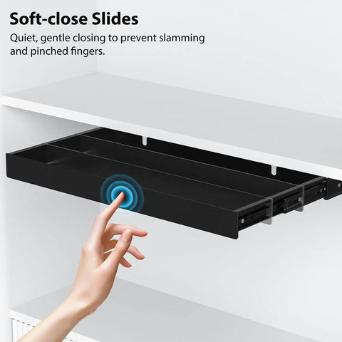 Person using Under Desk Drawer With Full Extension Ball Bearing Slides 20.1 Inch Carbon Steel Slide Out Storage Organizer, black